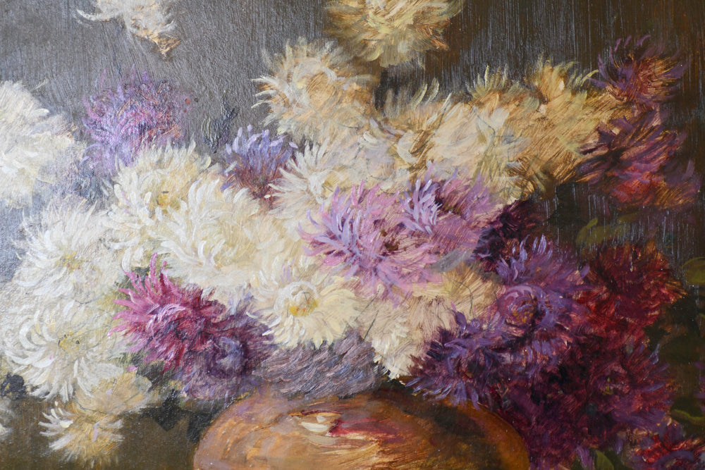 Purple Floral Still Life Vintage Painting, 24” BB Antiques & Imports