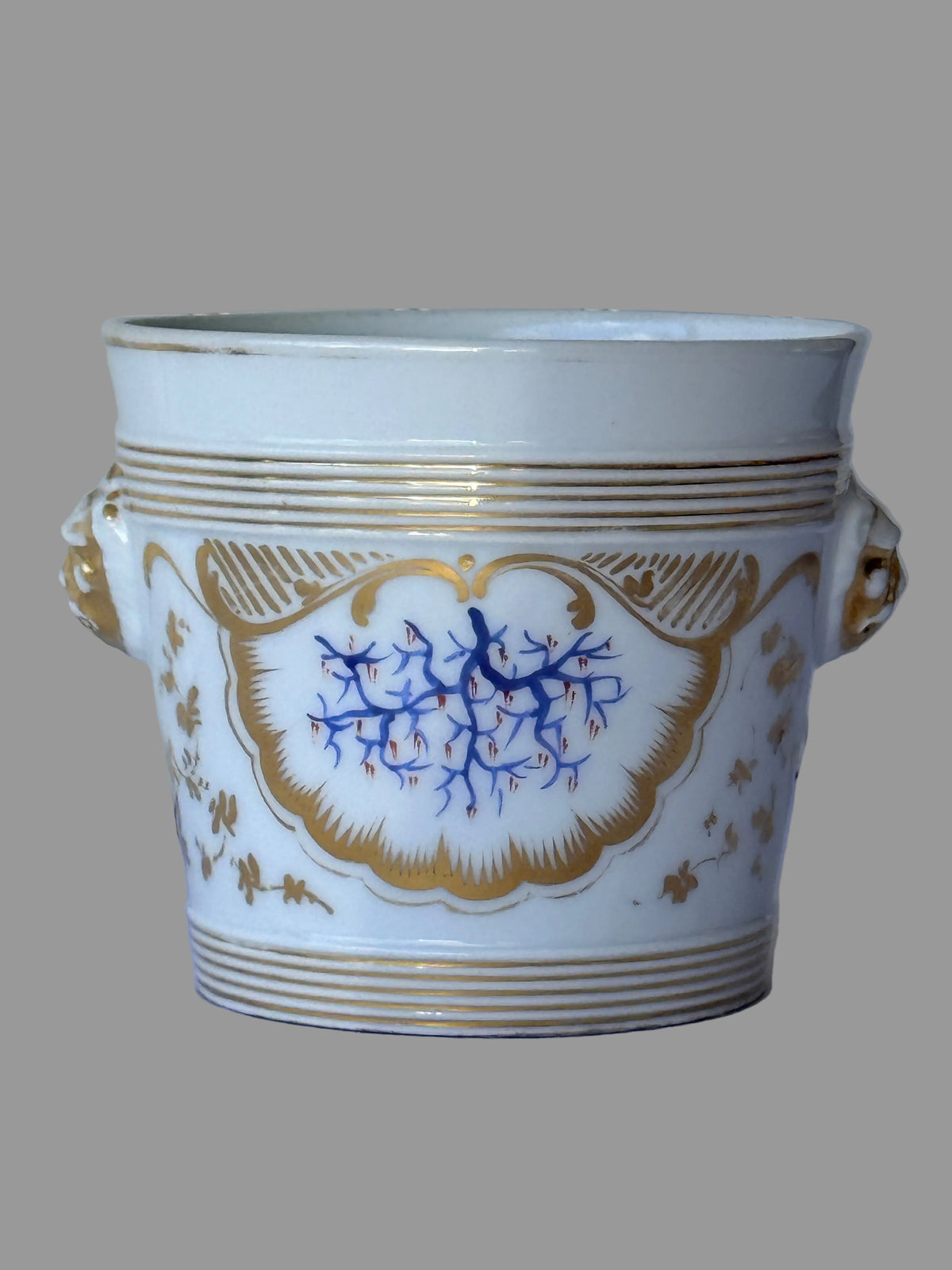French Porcelain Jardinere or Cache Pot with Lion Mask Handles
