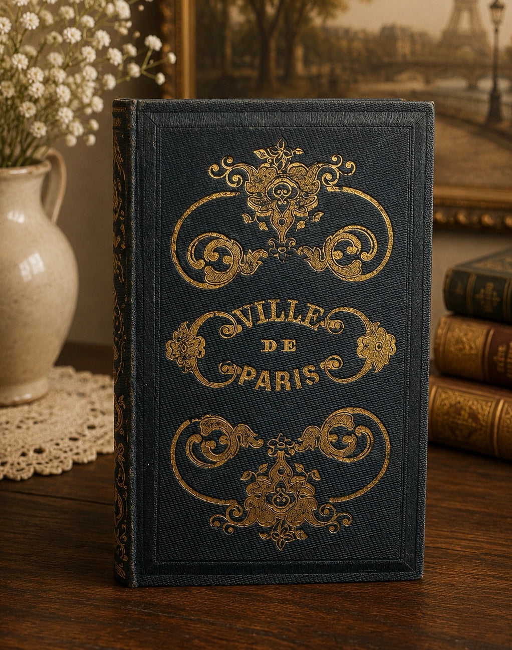 Decorative book titled 'Ville de Paris' with ornate gold designs on a wooden surface.