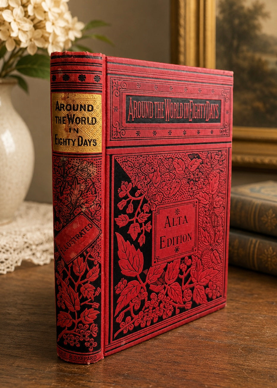 Decorative red book titled 'Around the World in Eighty Days' on a wooden surface.