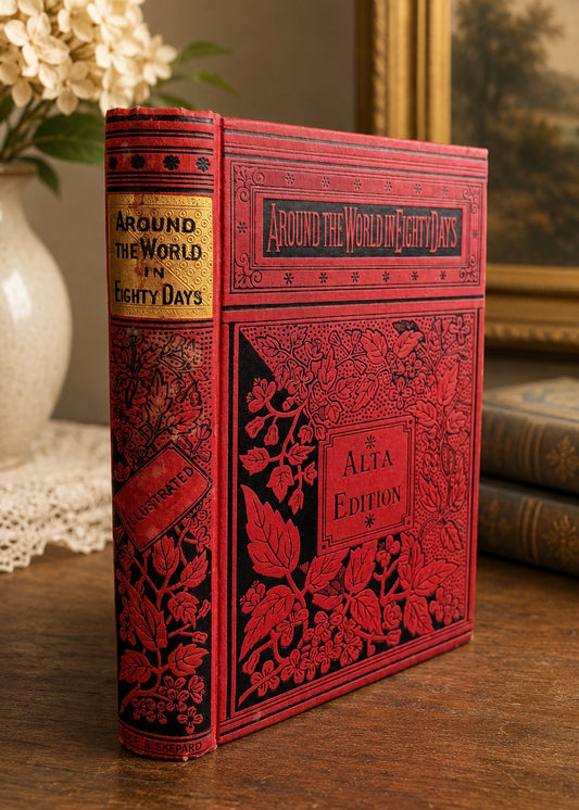 Decorative red book titled 'Around the World in Eighty Days' on a wooden surface.