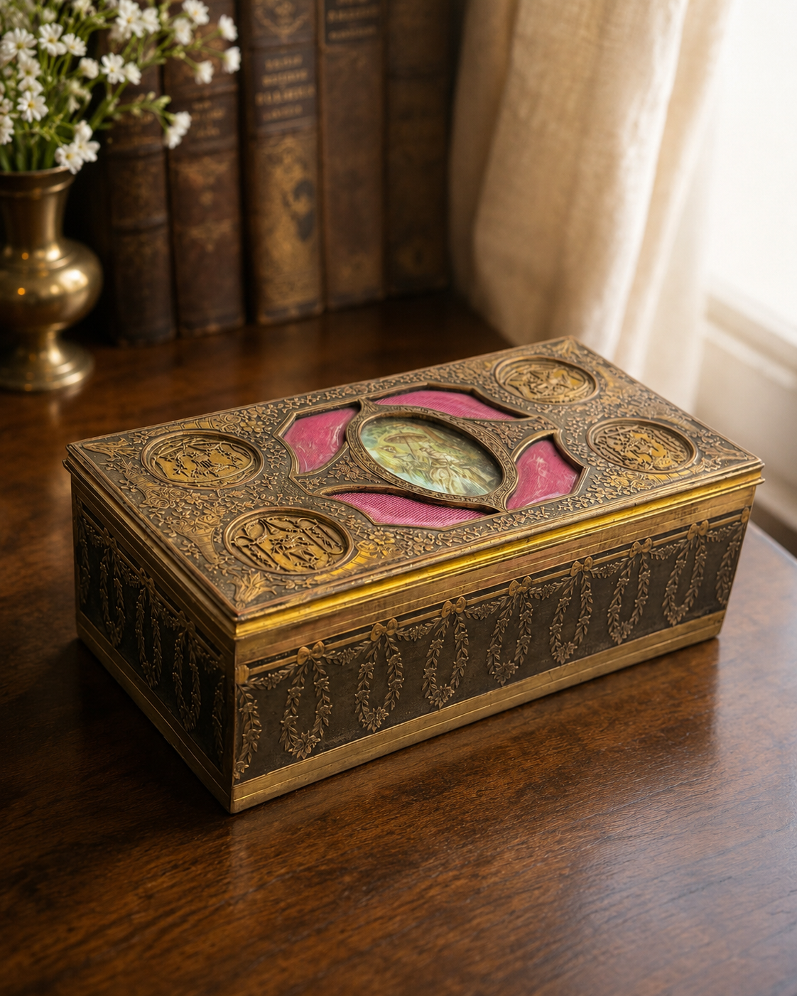 Decorative box with pink and green stones on a wooden surface with books and a vase in the background.