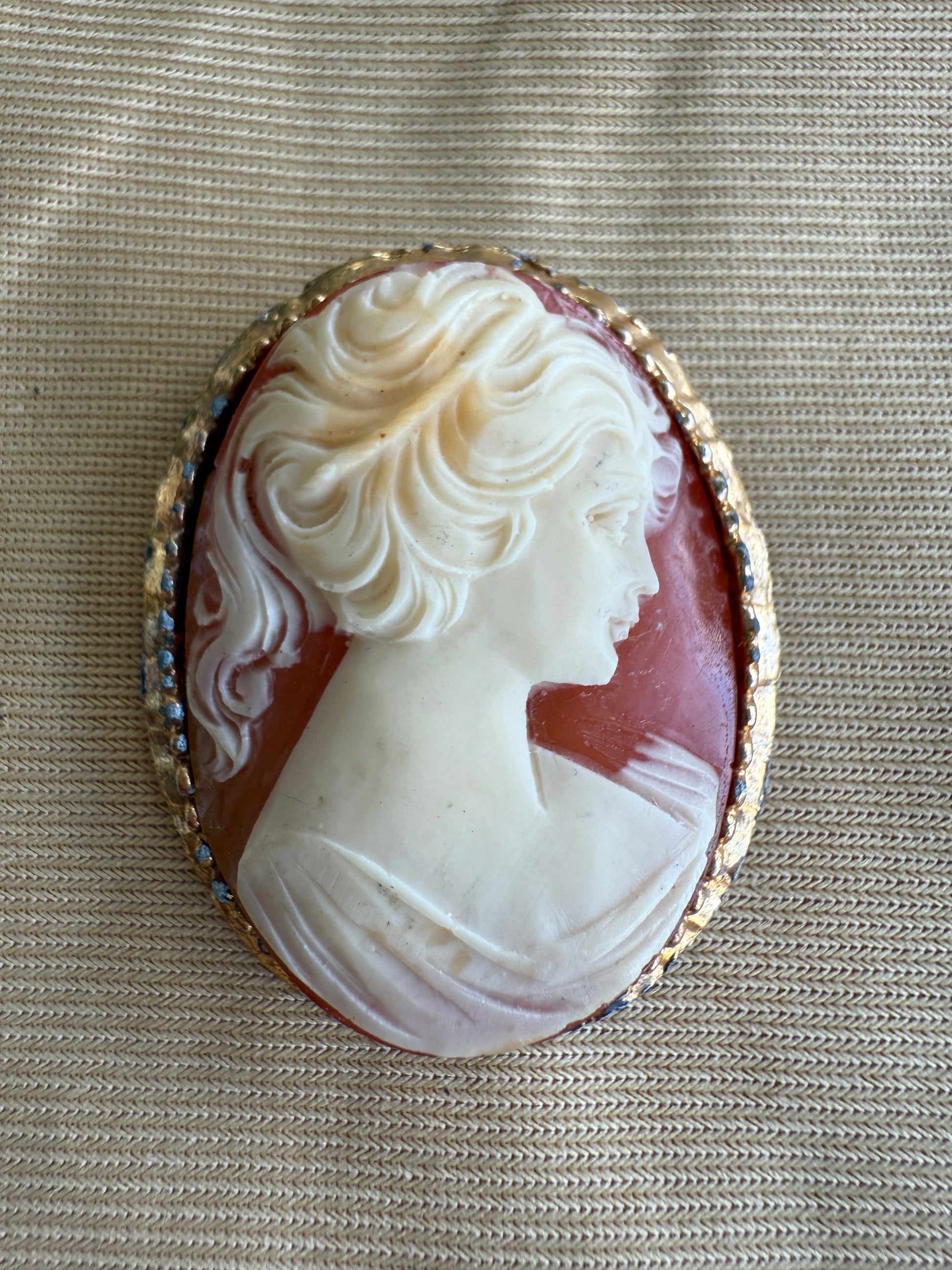 Vintage cameo brooch with profile of a woman on a textured beige background