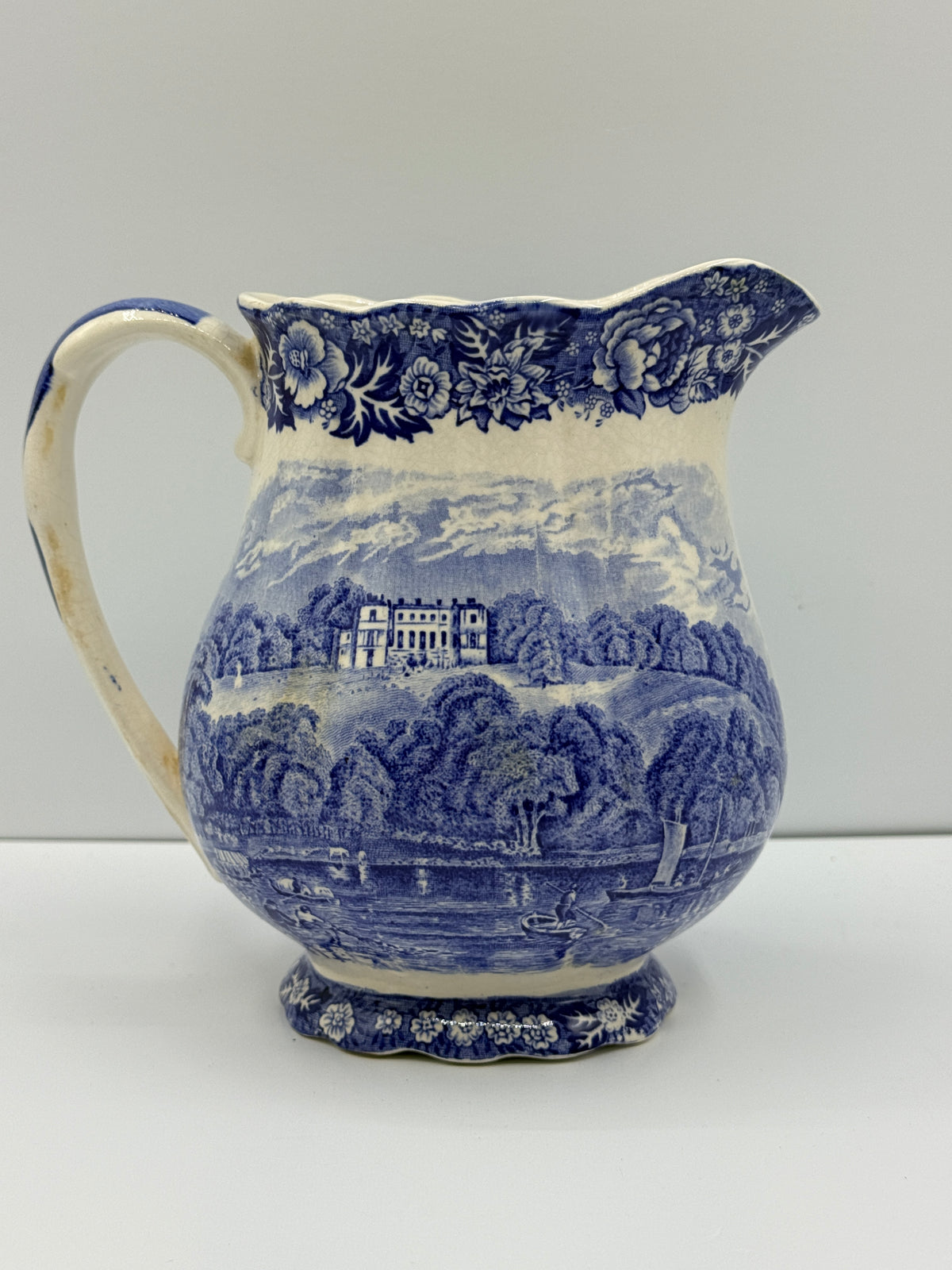 Palissy English Blue & White Park Place Pitcher, 6"