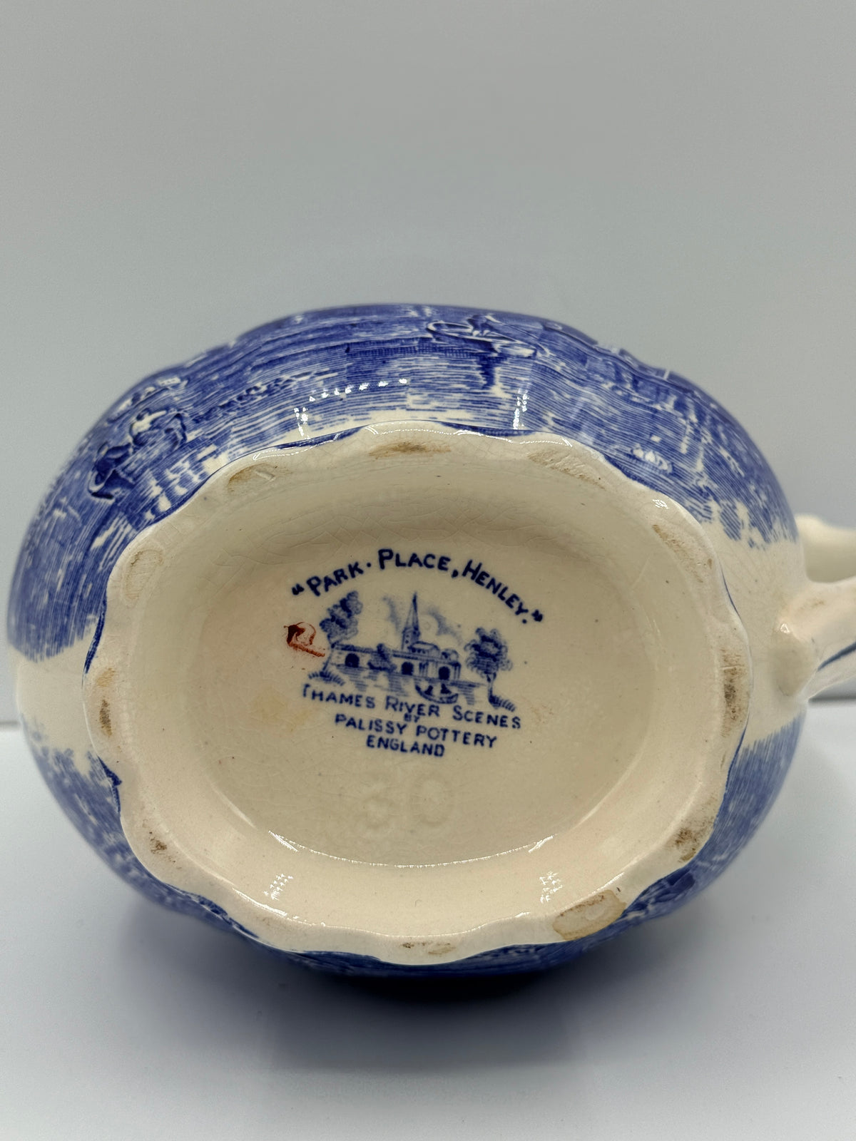 Palissy English Blue & White Park Place Pitcher, 6"