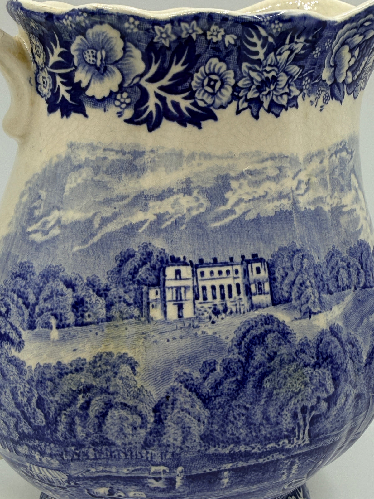 Palissy English Blue & White Park Place Pitcher, 6"