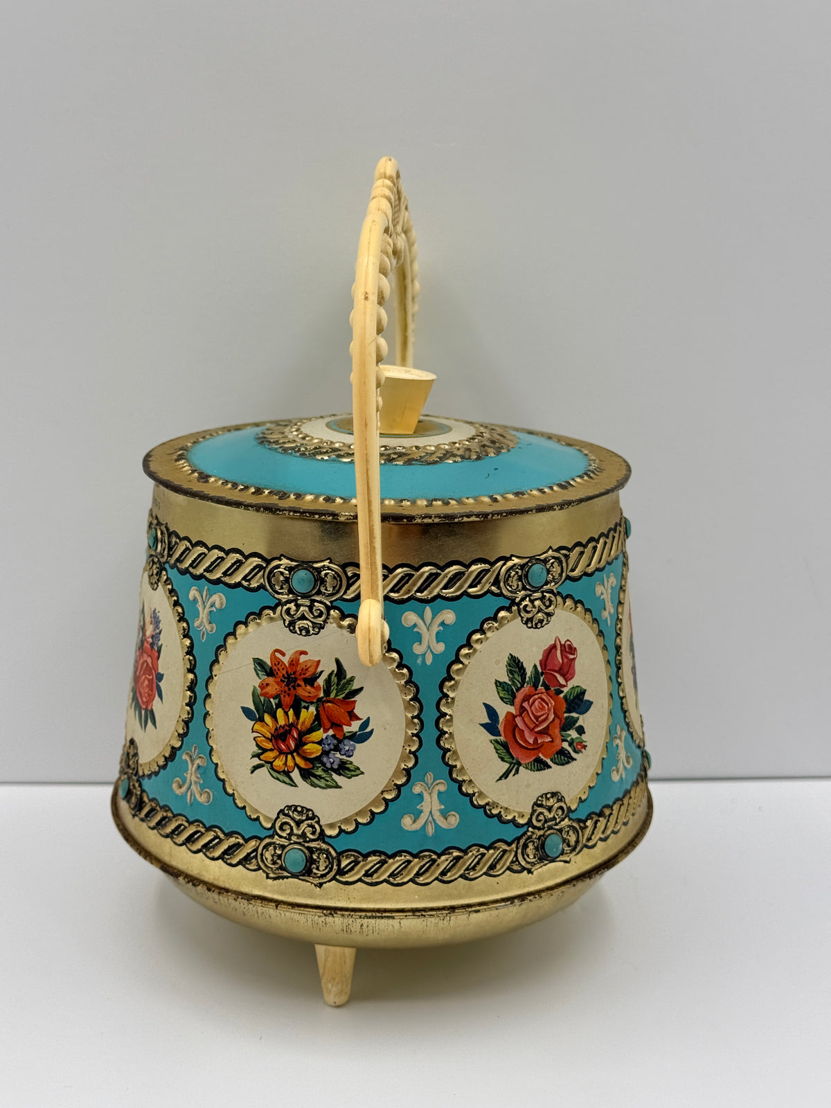 Vintage Mid-Century Floral Tin with Handle