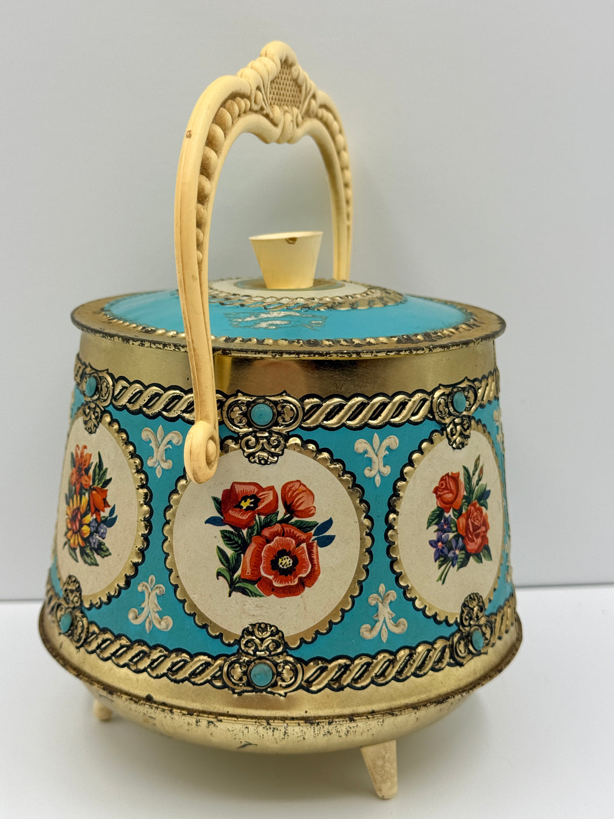 Vintage Mid-Century Floral Tin with Handle