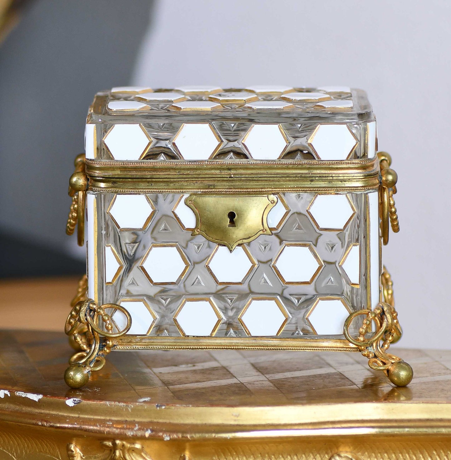 European Glass Box with White Hexagon Design and Bronze Hardware