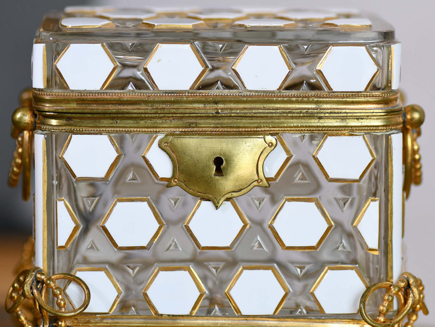 European Glass Box with White Hexagon Design and Bronze Hardware