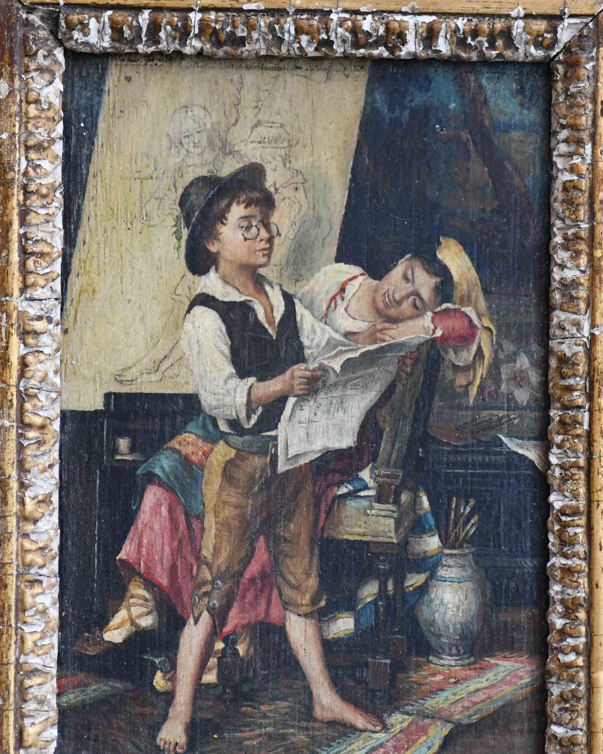 Vintage painting of a young boy reading a newspaper with a woman in the background.