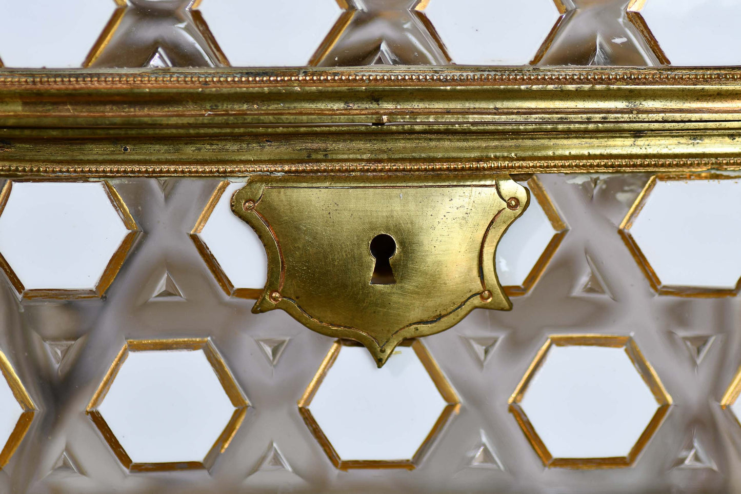 European Glass Box with White Hexagon Design and Bronze Hardware