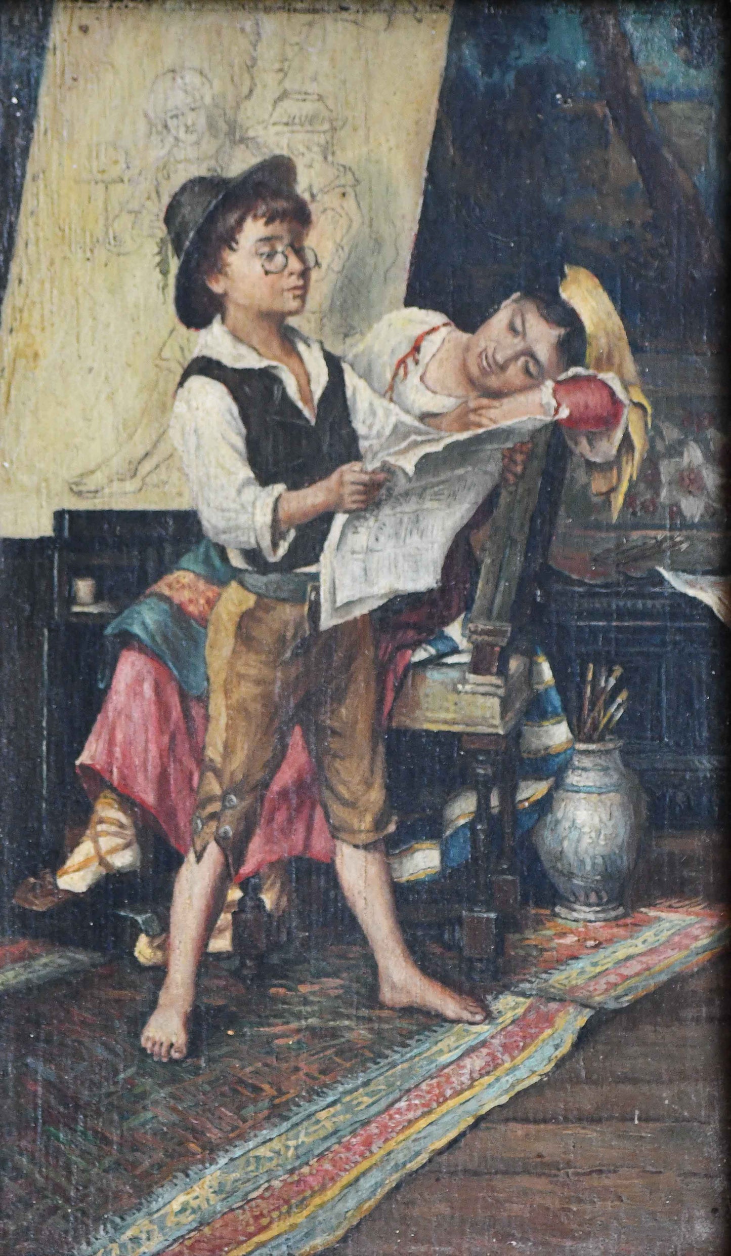 Painting of a man reading a newspaper next to a woman lying down, with a vase and other objects in the background.