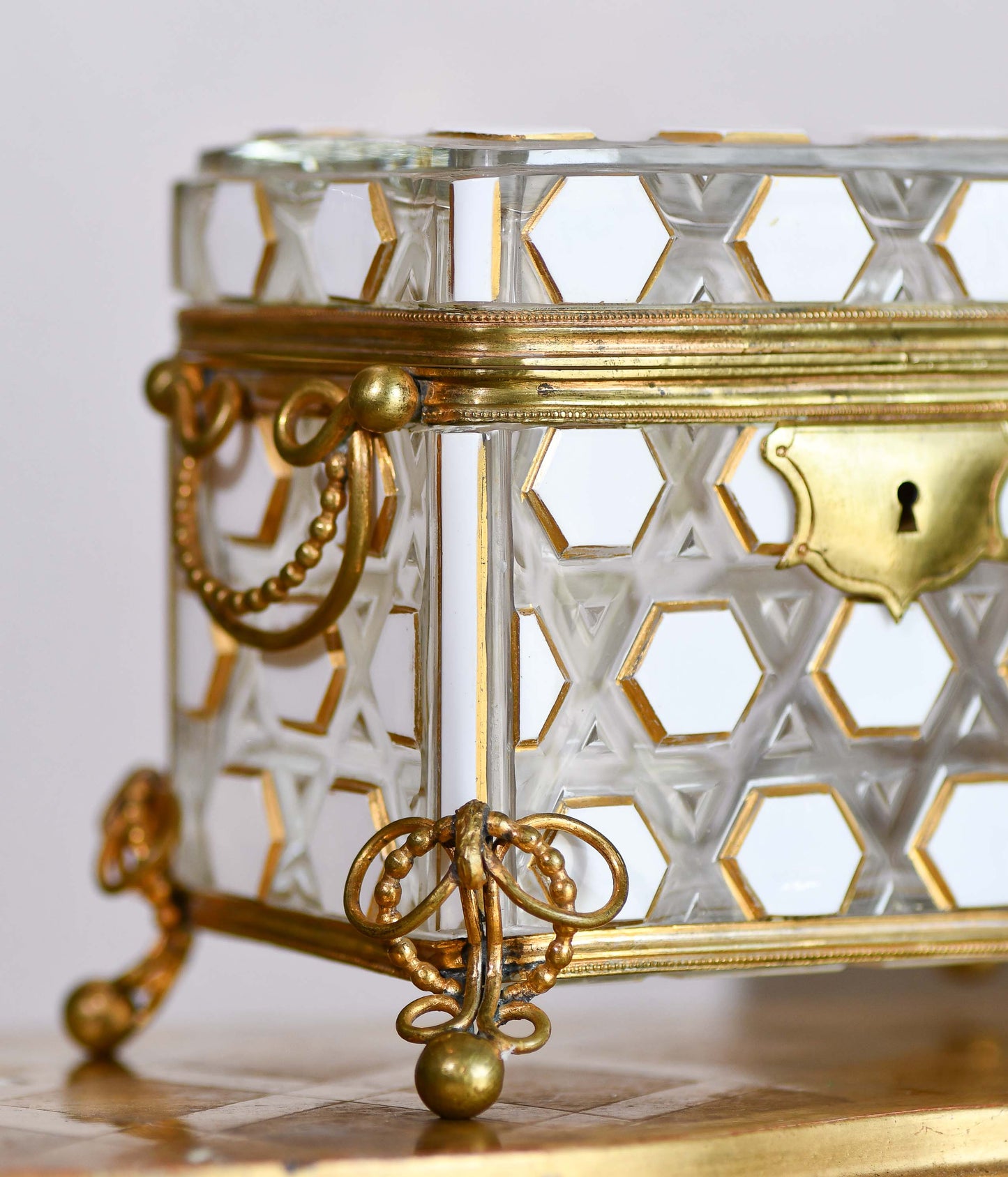 European Glass Box with White Hexagon Design and Bronze Hardware
