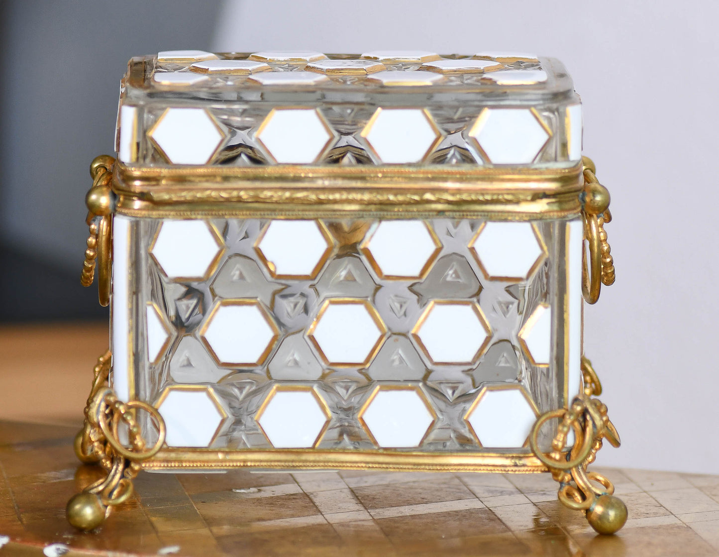 European Glass Box with White Hexagon Design and Bronze Hardware