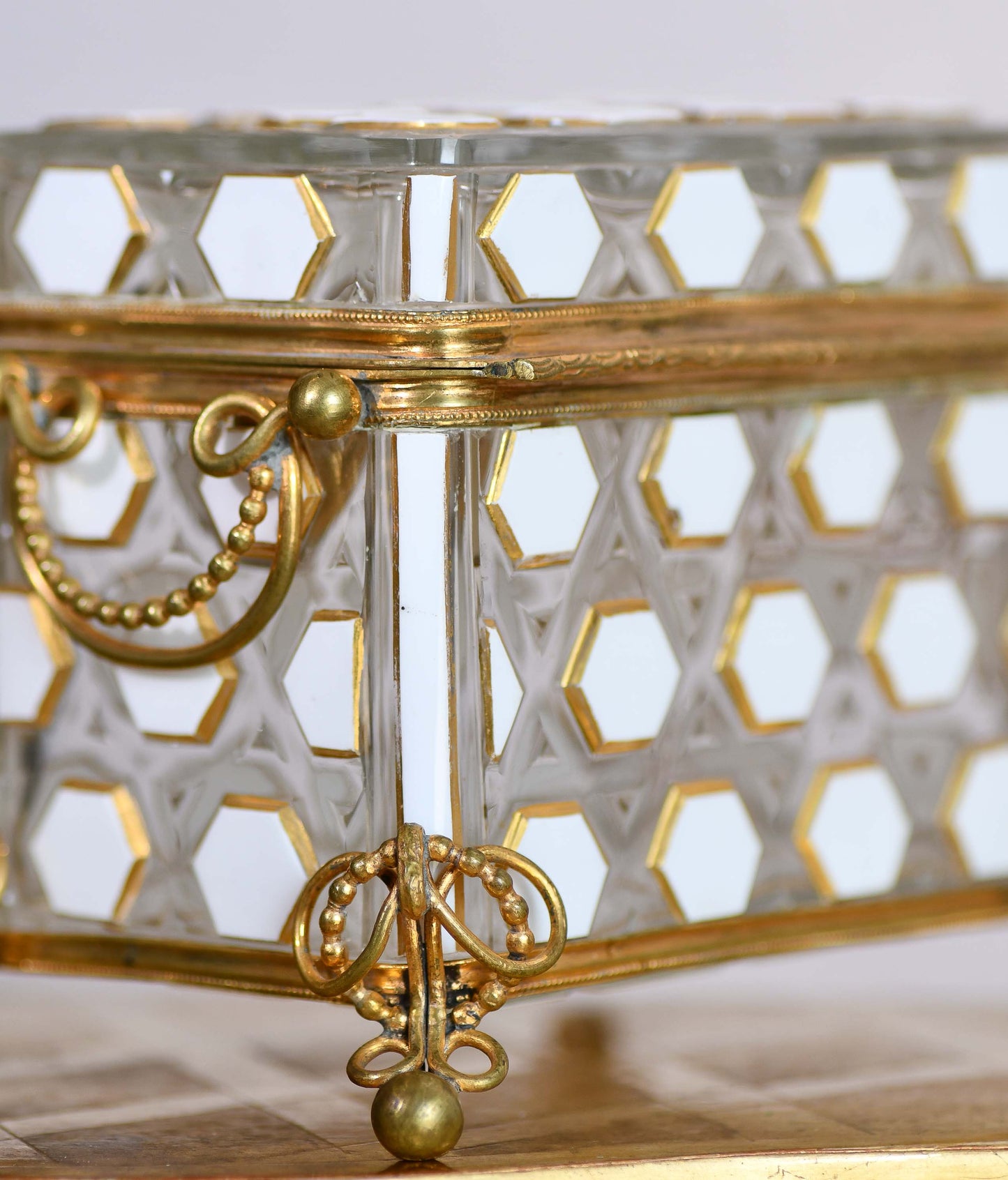 European Glass Box with White Hexagon Design and Bronze Hardware