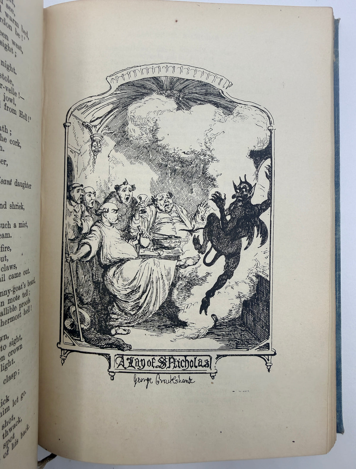 An open vintage book showing a black ink illustration on aged cream pages. The central illustration depicts a dramatic scene with figures and a demon-like figure, captioned 'A Day of Judgement' and signed 'George Cruikshank'.