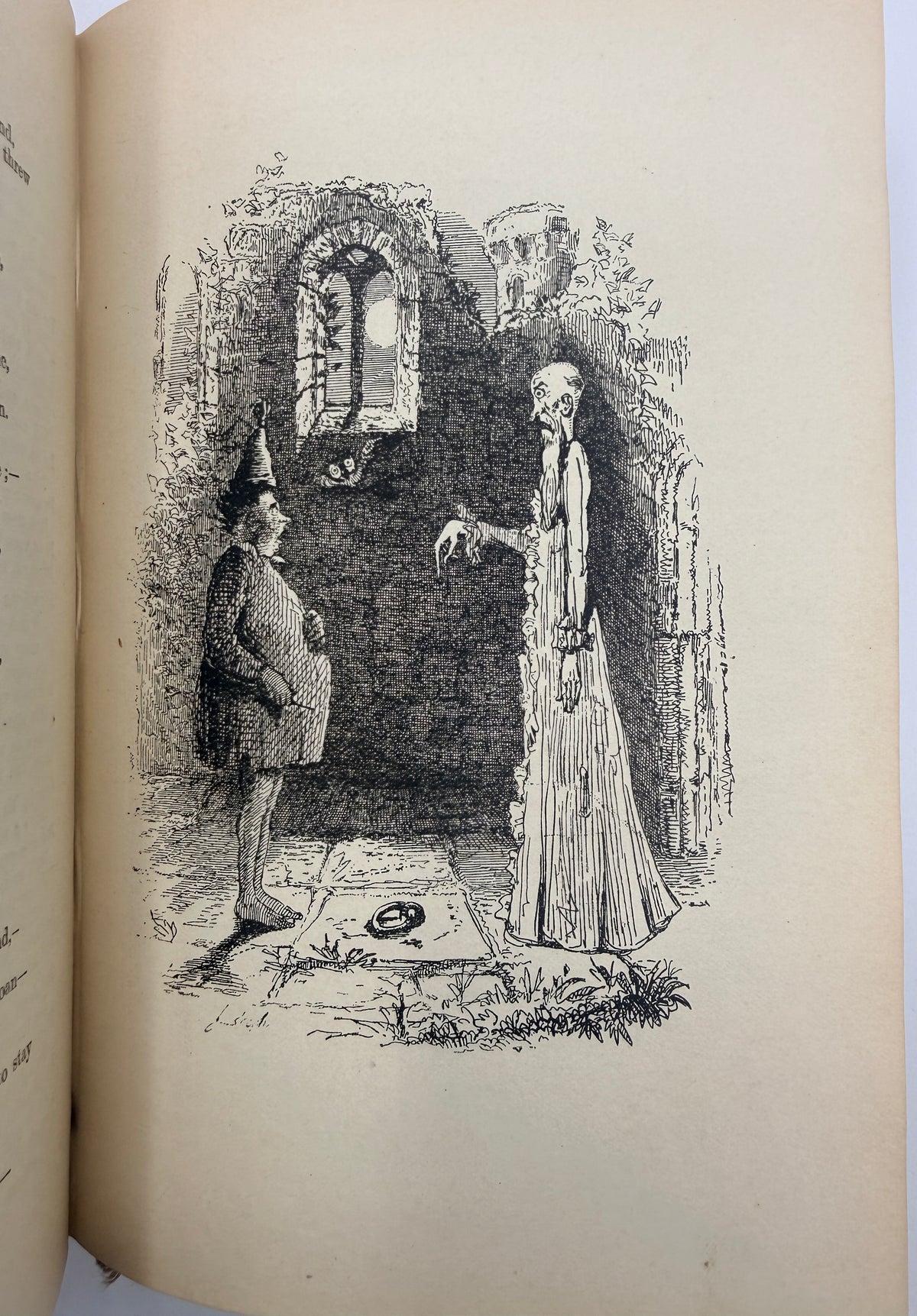 A vintage black ink illustration printed on aged, warm beige paper, depicting a man in a pointed hat and coat facing a tall, gaunt woman in a long dress in an old stone ruin.