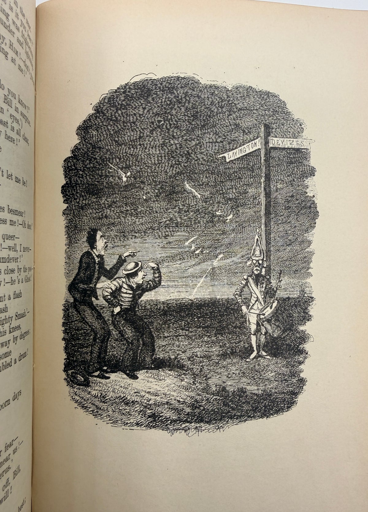 A vintage book page featuring a black ink illustration of a street scene with a street performer, two onlookers, and a signpost, printed on aged beige paper.