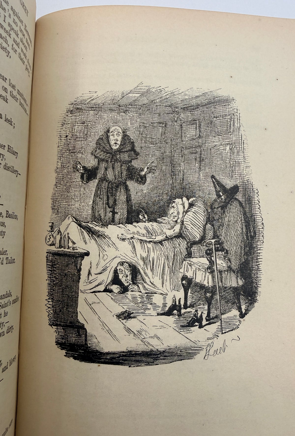 A vintage book page featuring a black ink illustration of a historical scene with a standing figure, a seated figure, and a person lying in bed, shown against aged cream paper.