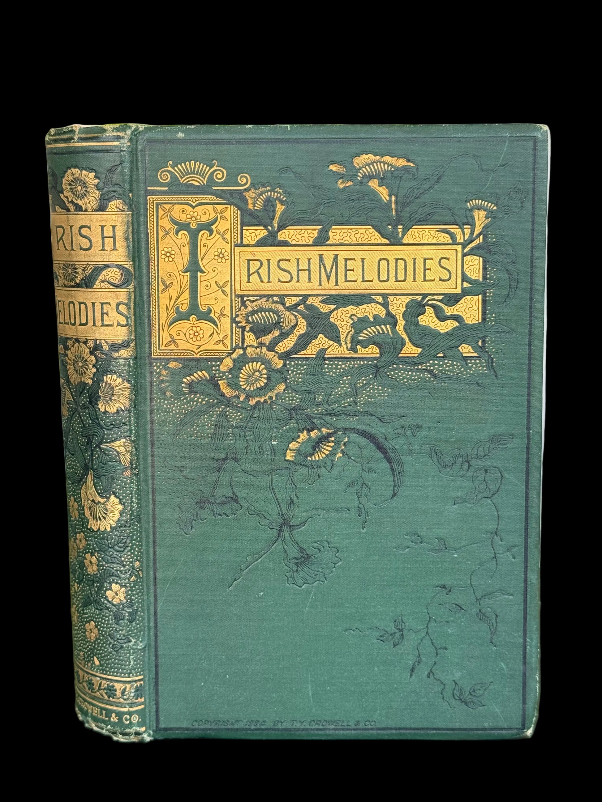 Vintage book titled 'Irish Melodies' with decorative cover against a blurred natural background