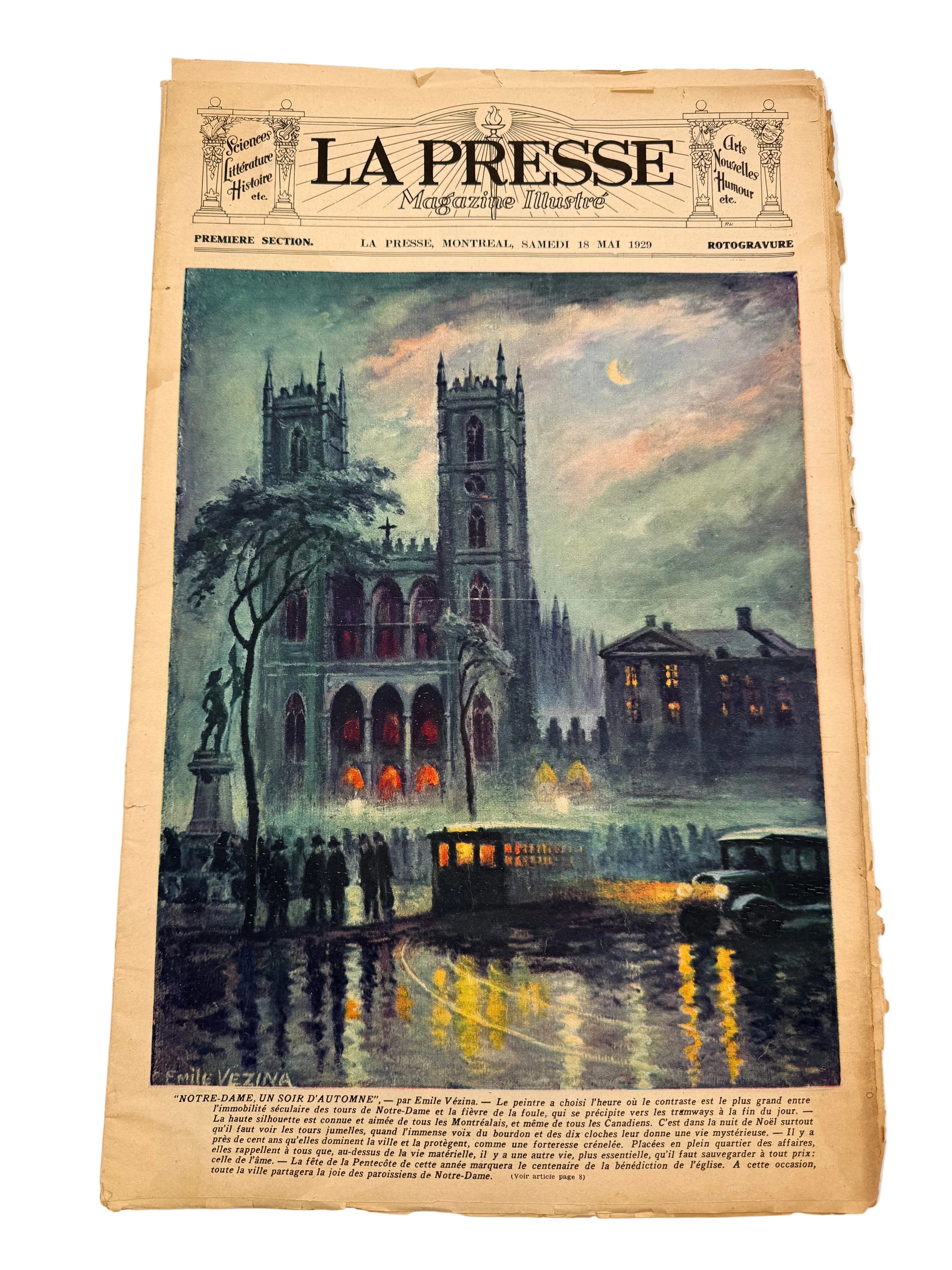 Vintage newspaper with a large illustration of a cathedral at night on a white background