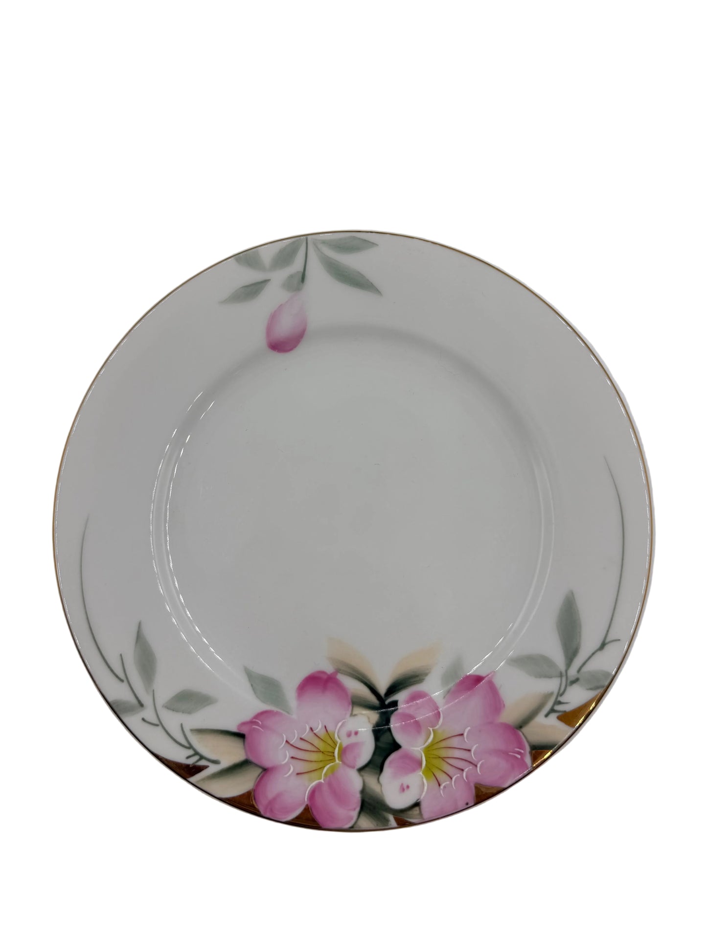A white ceramic plate with a hand-painted floral design featuring pink blossoms, green leaves, and a gold rim, photographed from a top-down angle on a white surface.