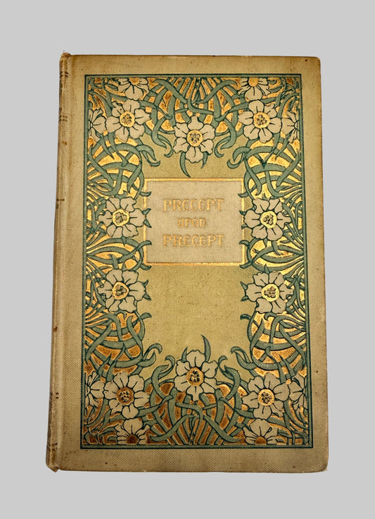 An antique hardcover book titled 'PROCEPT AND PERCEPT' featuring an ornate Art Nouveau floral pattern in muted green, gold, and beige tones.