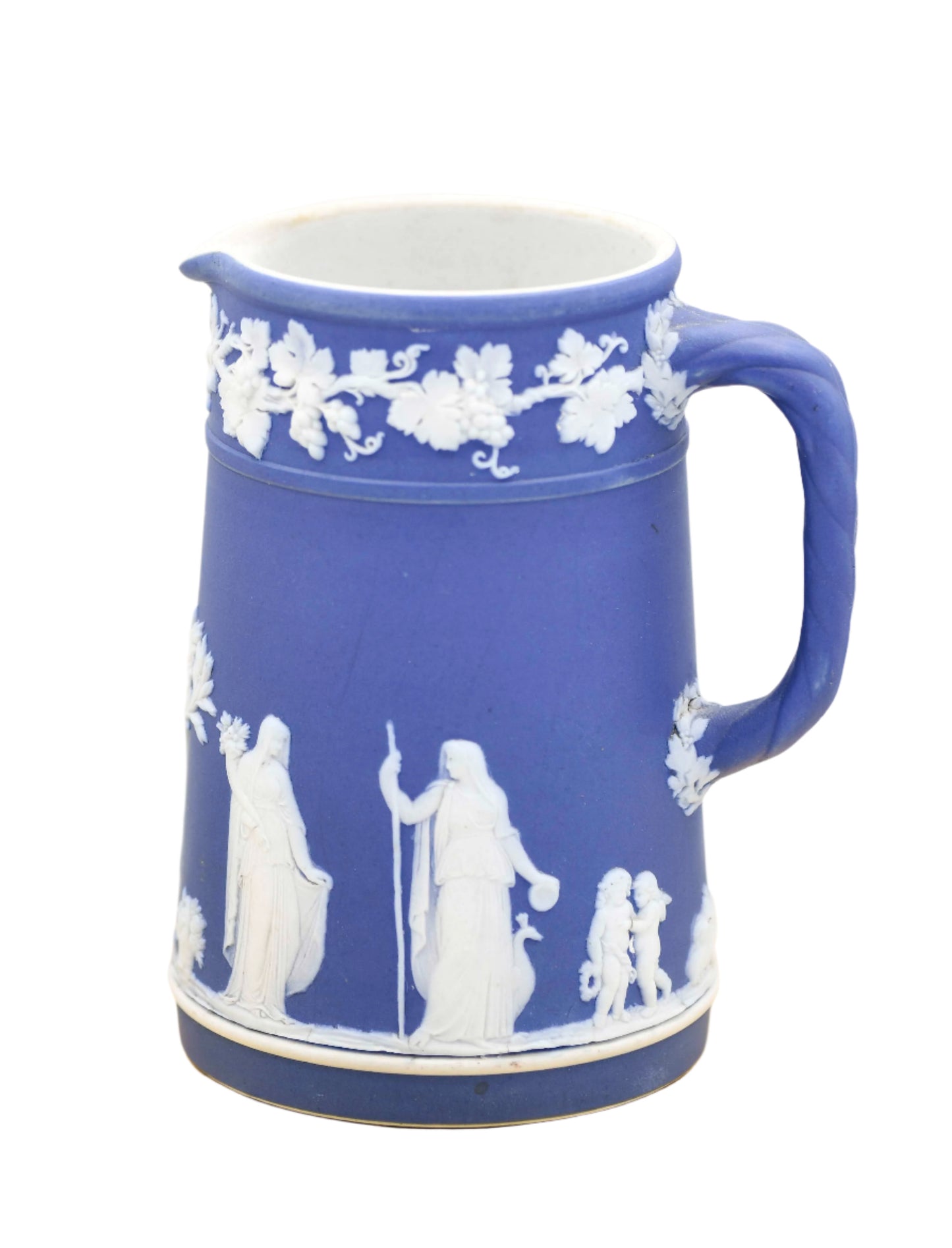 A blue and white Wedgwood ceramic pitcher with floral and botanical designs in relief.