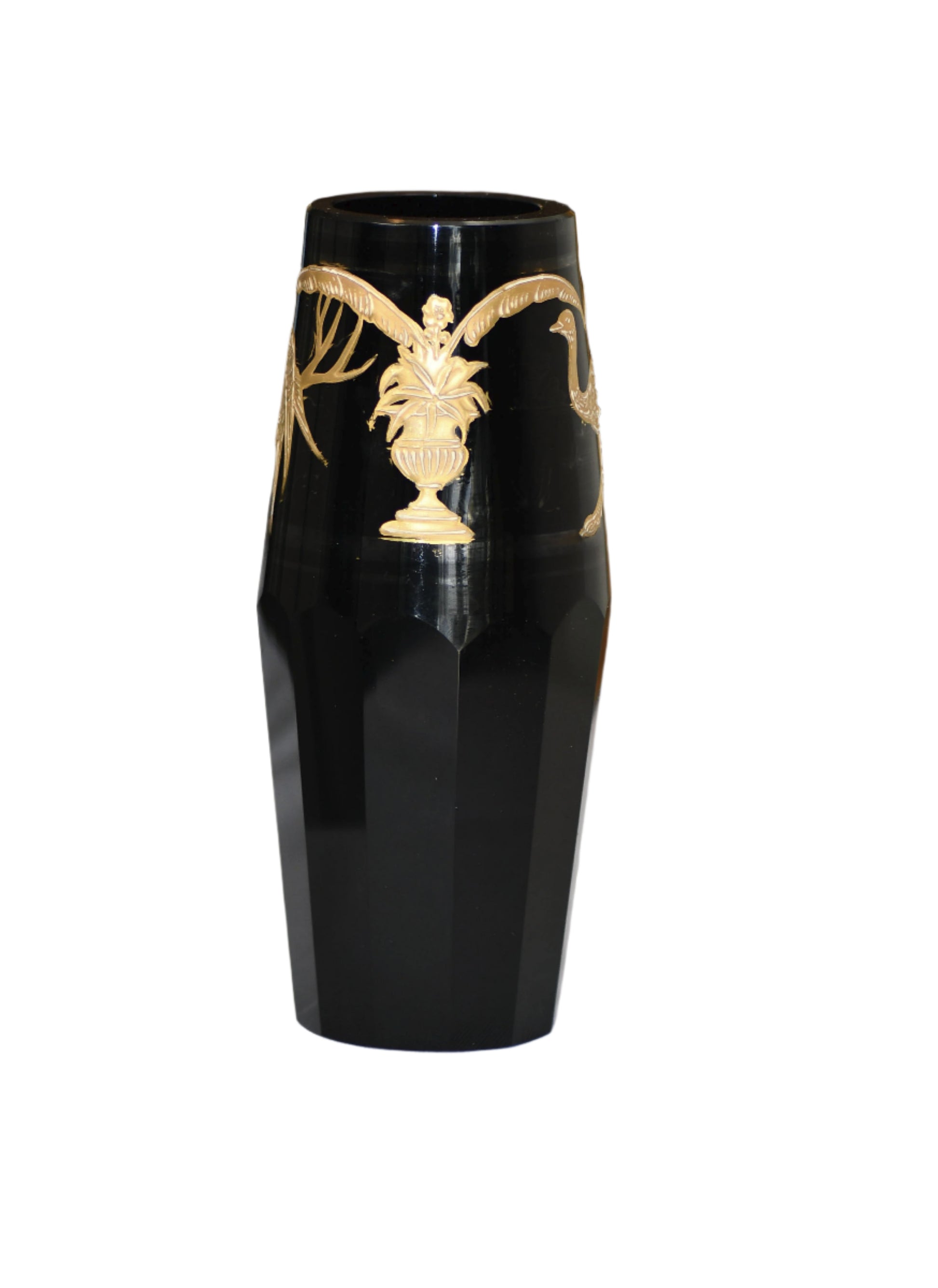 Black vase with gold decorative design on a white surface