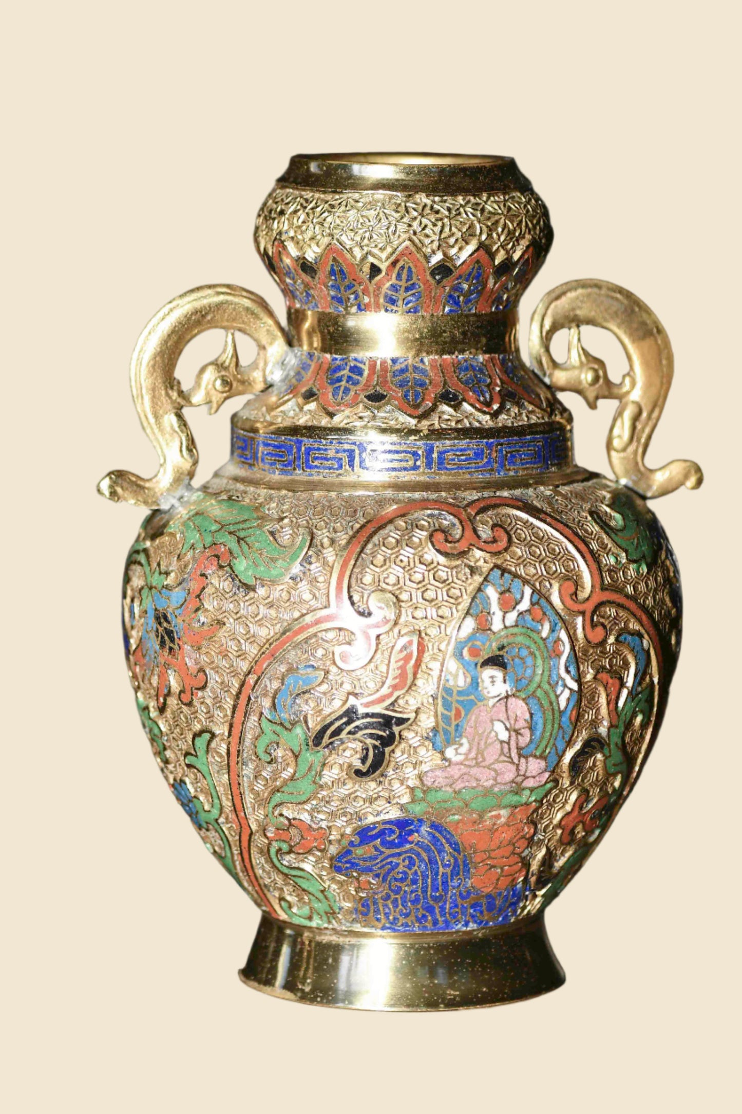 Gold Cloisonne Ornate Decorative Vase, 9"