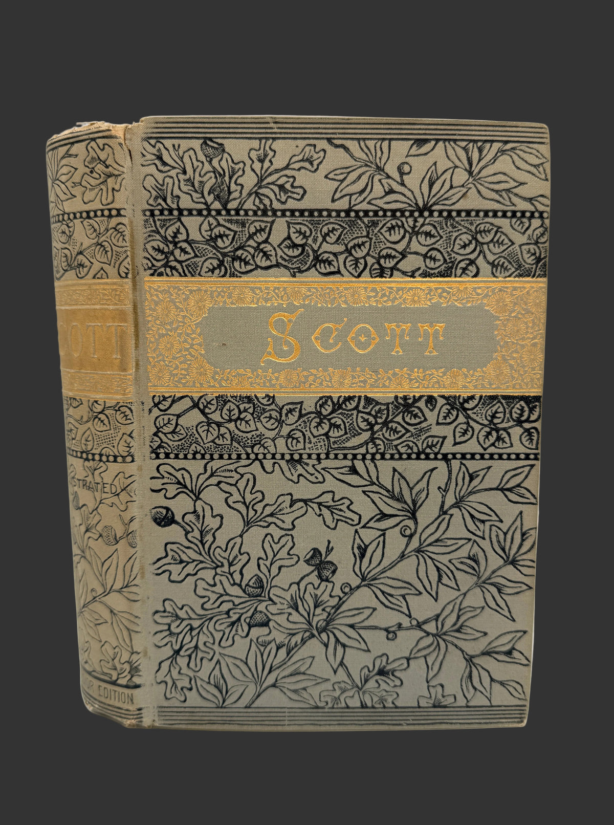 An antique hardcover book with ornate black floral line illustrations on a beige cloth cover, featuring a central gold-leaf band with the name 'Scott' in gold lettering.
