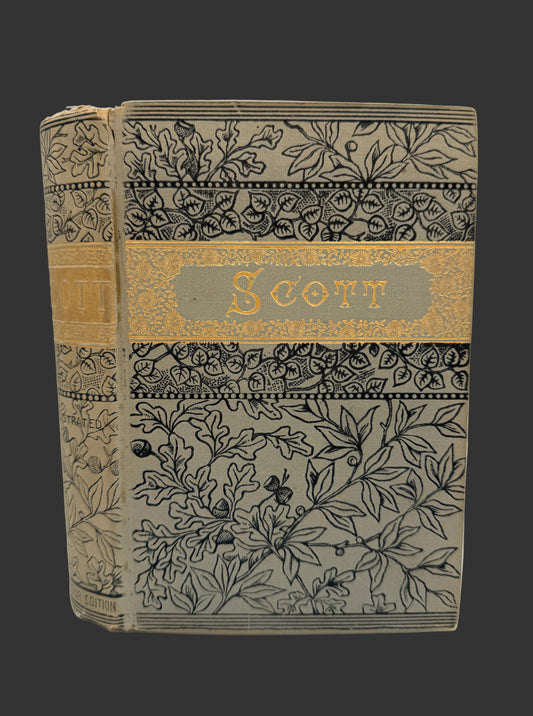 An antique hardcover book with ornate black floral line illustrations on a beige cloth cover, featuring a central gold-leaf band with the name 'Scott' in gold lettering.