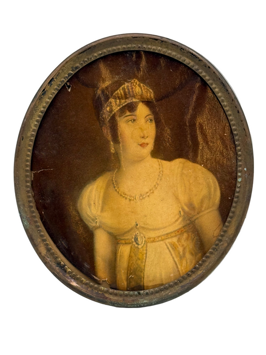 Round miniature portrait of a woman in historical attire with a dark brown frame.