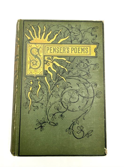 An antique hardcover book titled 'PENSER'S POEMS' with a textured olive green cover, featuring ornate gold and black decorative floral and scrollwork illustrations.