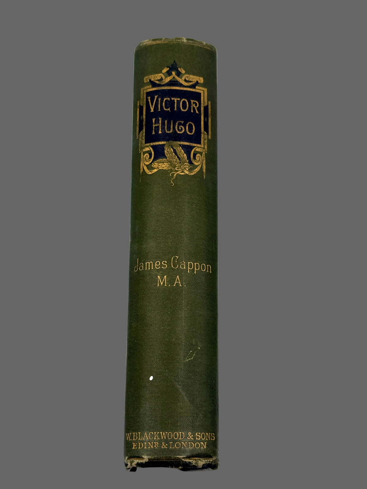 A vintage hardcover book standing upright, showing its dark green spine with gold lettering. The title 'Victor Hugo' is prominently displayed in a gold-bordered label, with the author name 'James Cappon M.