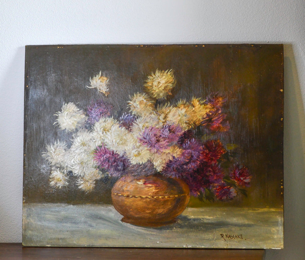 Purple Floral Still Life Vintage Painting, 24” BB Antiques & Imports