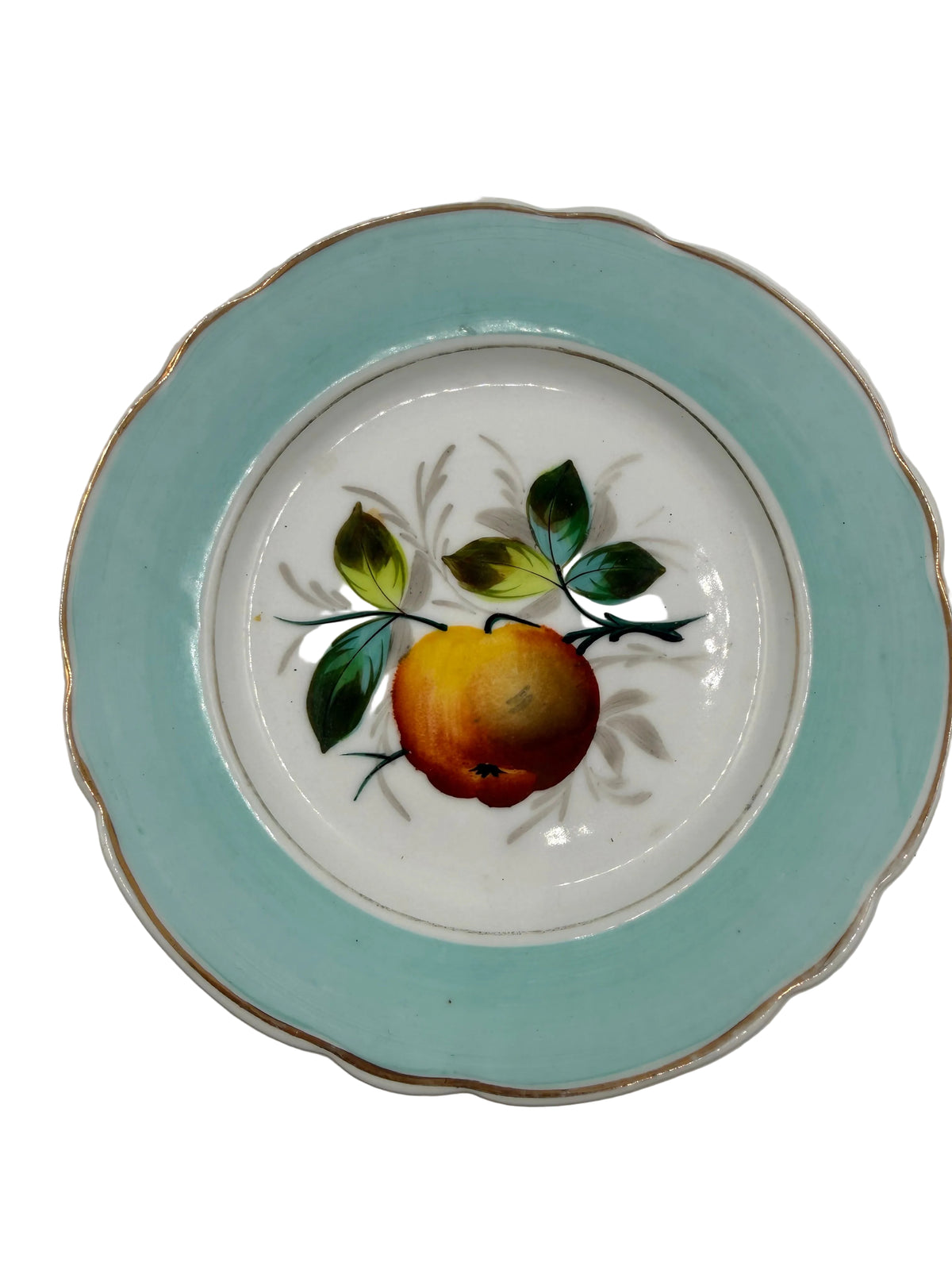 A round white porcelain plate with a scalloped rim, featuring a light blue outer border and a hand-painted fruit motif in the center.