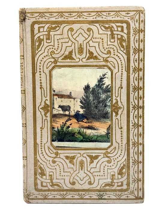 Vintage hardcover notebook or journal with an ornate beige and gold decorative border and a central landscape illustration, photographed against a plain white background.