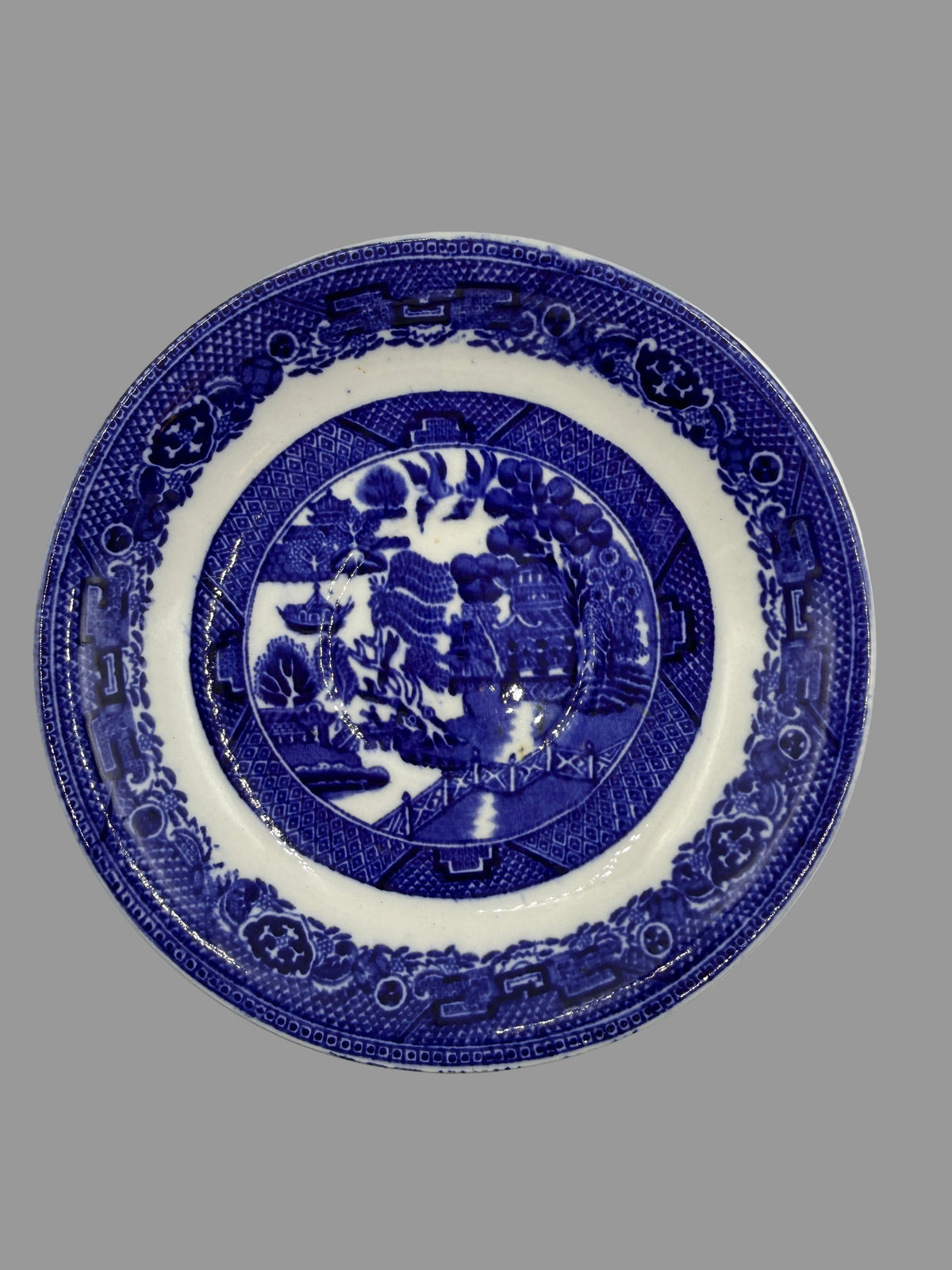 A blue and white ceramic plate featuring a detailed blue landscape illustration in the center and a patterned blue border, shown against a plain light background.