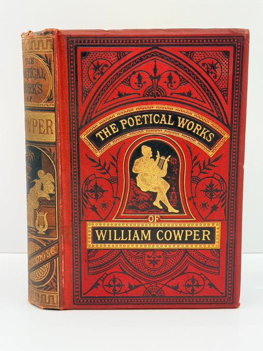 A vintage hardcover book titled 'The Poetical Works of William Cowper' with ornate red and black decorative cover and gold lettering, photographed upright against a plain light background.