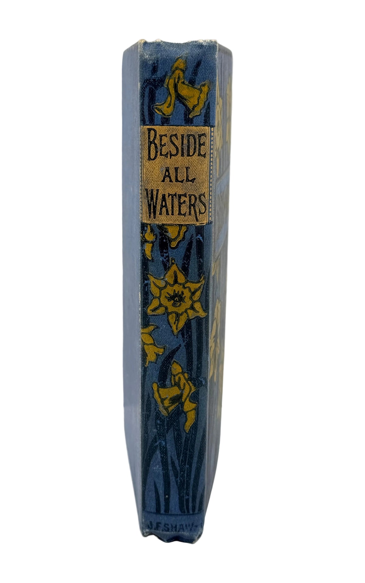 A vintage hardcover book standing upright, showing its blue cloth-bound spine with gold floral illustrations and a gold label reading 'BESIDE ALL WATERS'.