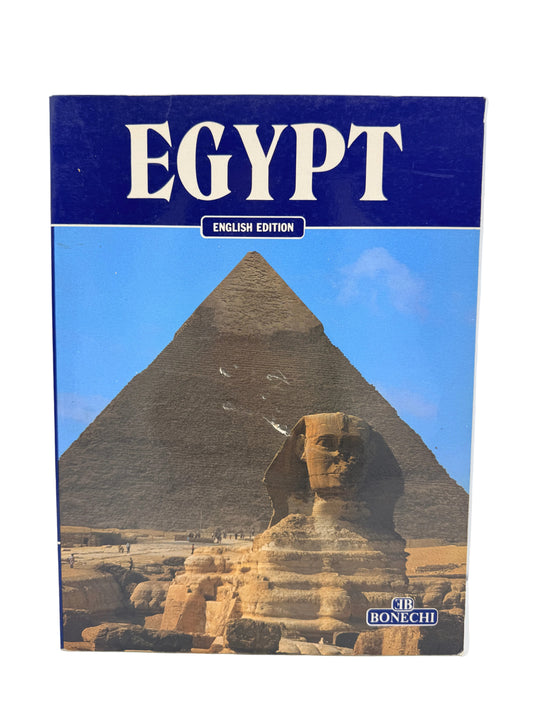 A book titled 'EGYPT ENGLISH EDITION' with a blue header and a cover photo of the Great Pyramid and Sphinx under a blue sky. The publisher mark 'GB BONECHI' appears at the bottom right.