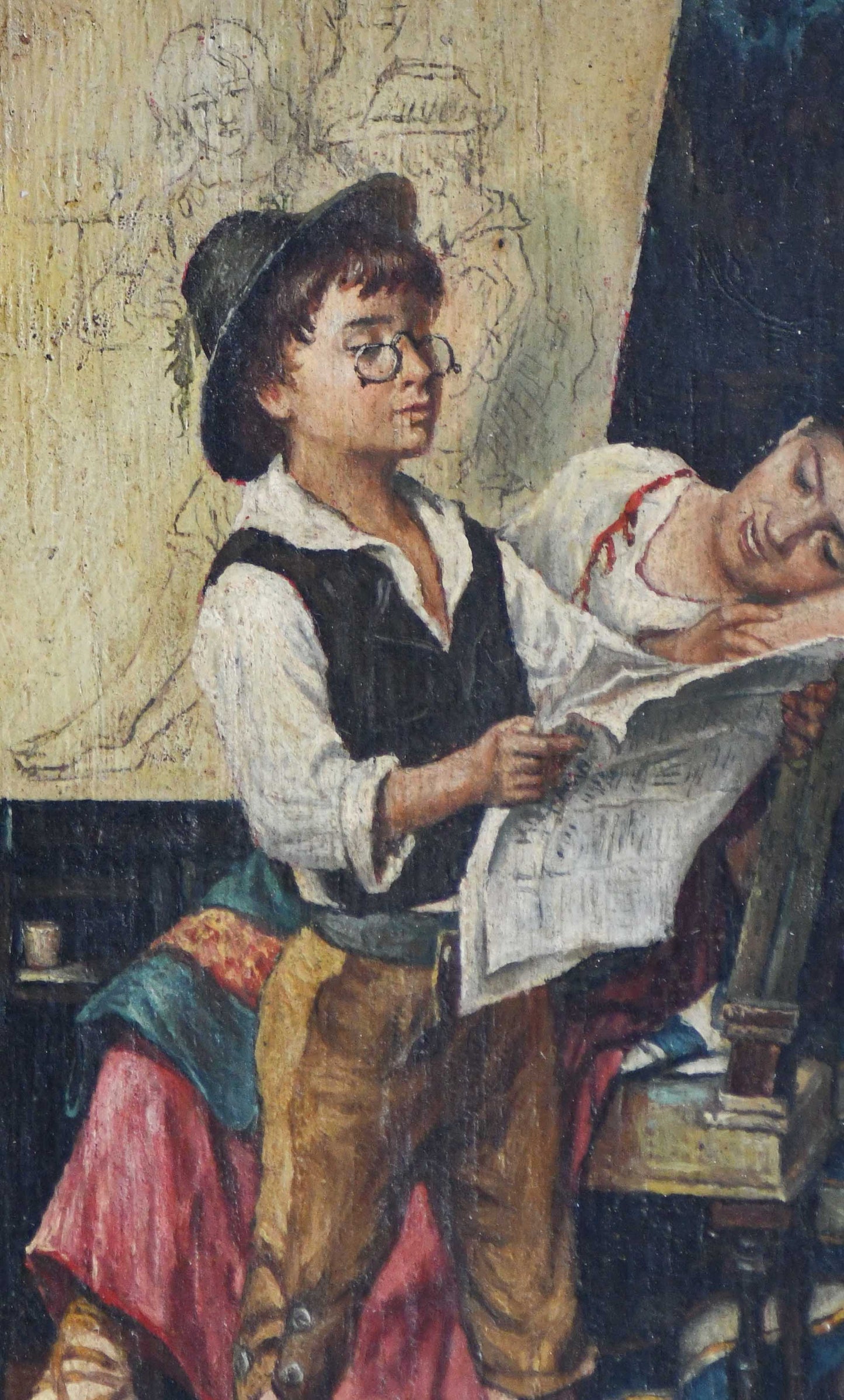 Painting of a young boy reading a newspaper with a woman in the background.