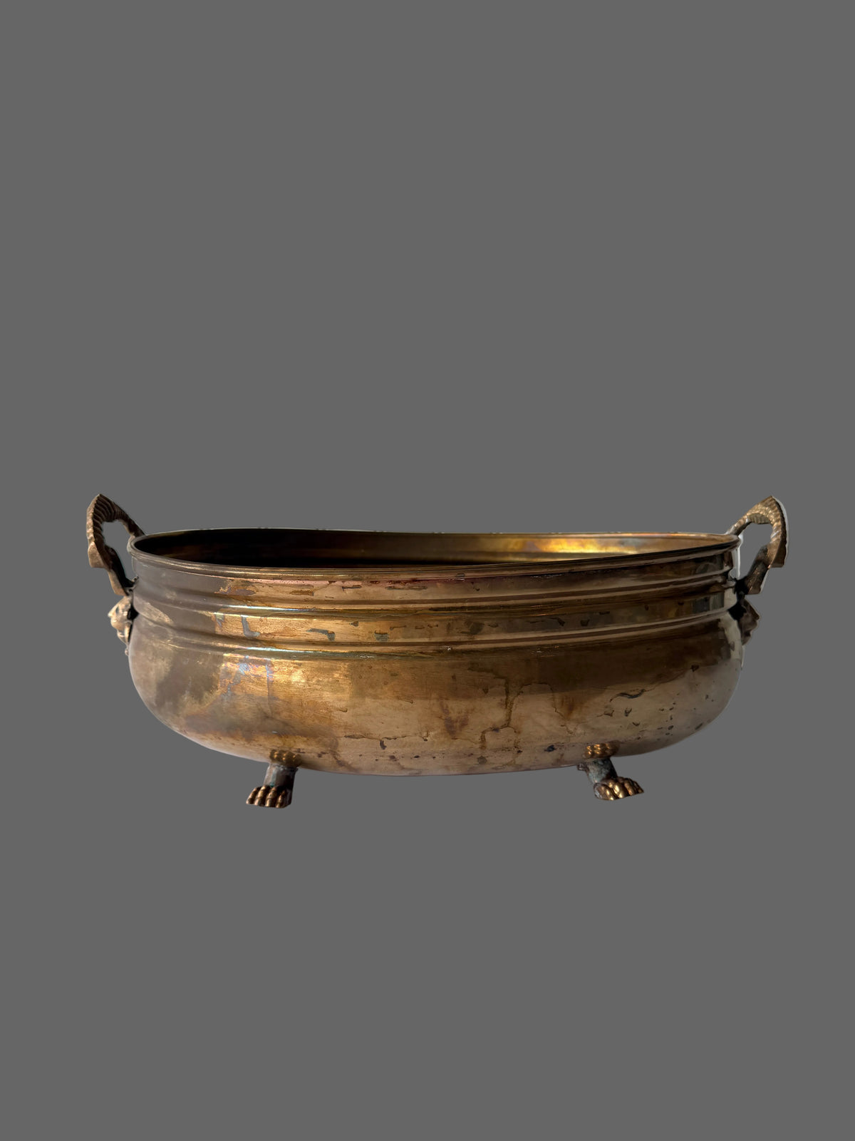 Brass Jardiniere with Lion Face Handles & Paw Footing