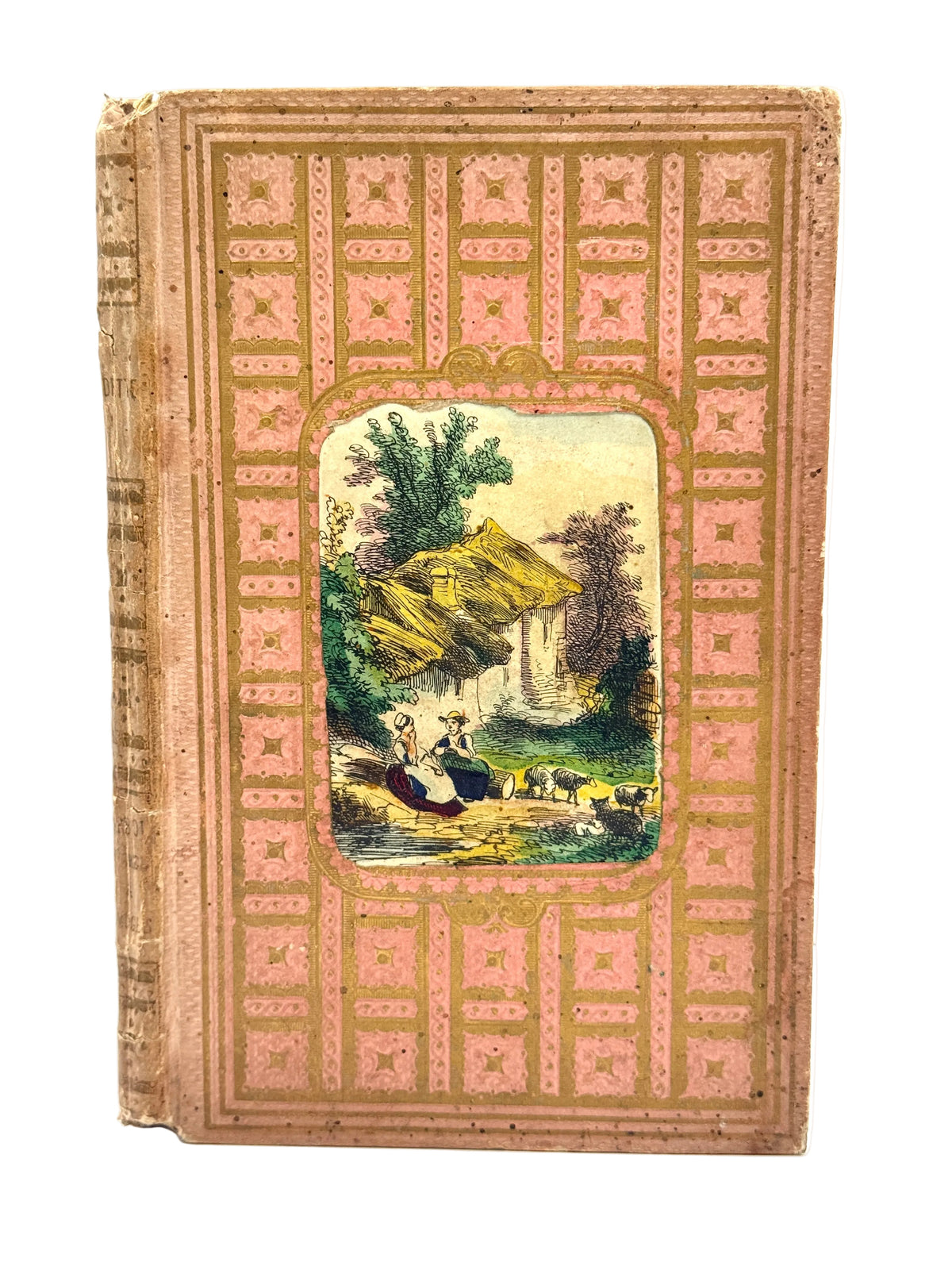 An antique hardcover book with a pink and gold geometric patterned cover, featuring a central rectangular illustration of a pastoral landscape with figures and animals.