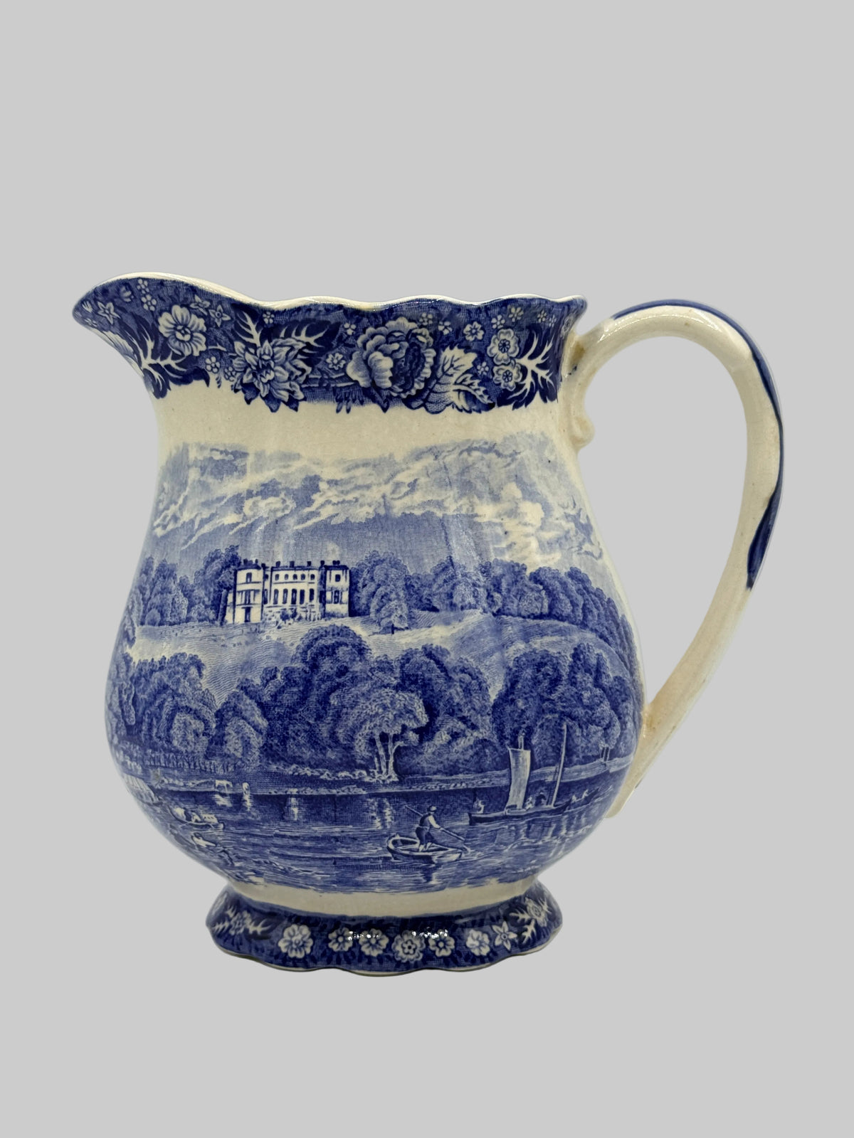 Palissy English Blue & White Park Place Pitcher, 6"