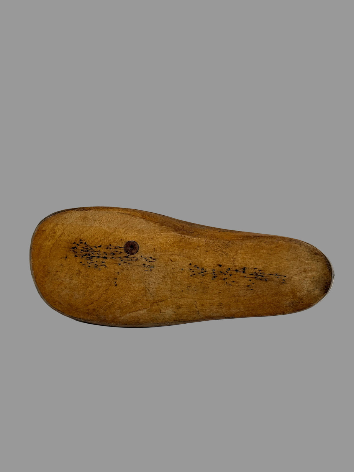 A single wooden shoe tree with a rounded, tapered shape, shown from the back against a plain light gray background.